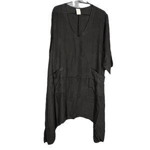 Lagenlook Tunic Dress Womens One Size Black Linen Asymmetrical Relaxed Beachy